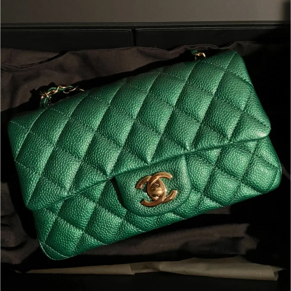 Bags | Authentic Chanel 18s Emerald Green Caviar Mini Rectangle